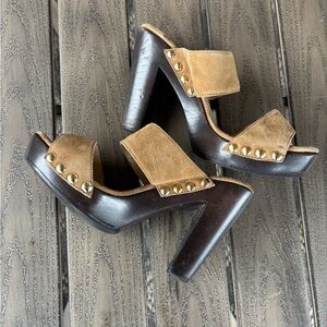 Jimmy Choo Tan Suede Studded Platform Mules